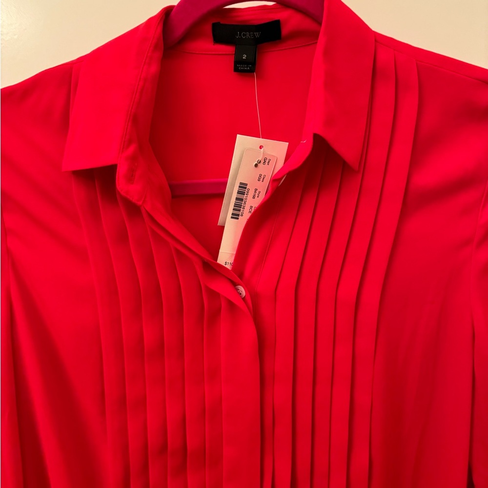 J.Crew Red BCE Pleat Front Button Front Long Sleeve Blouse Top Womens Size 2 - Picture 7 of 8